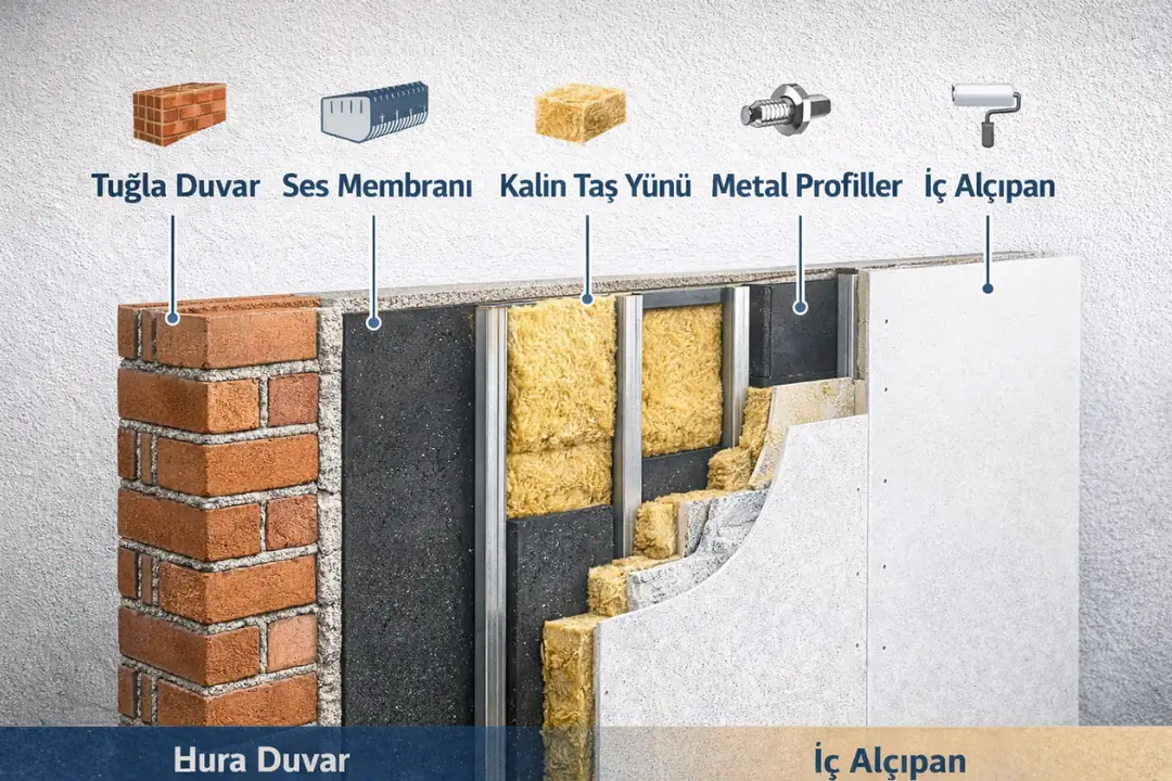 Duvar ses yalıtımı kesit detayı, taş yünü, ses yalıtım membranı ve metal profil ile yapılan profesyonel uygulama