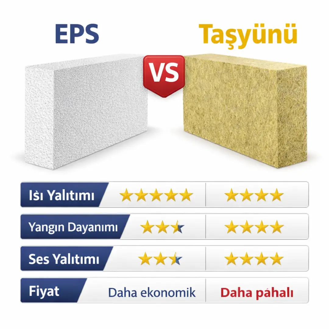 eps ve taşyünü mantolama karşılaştırması ısı yalıtımı, yangın dayanımı ve fiyat farklarını gösteren izolasyon malzemeleri