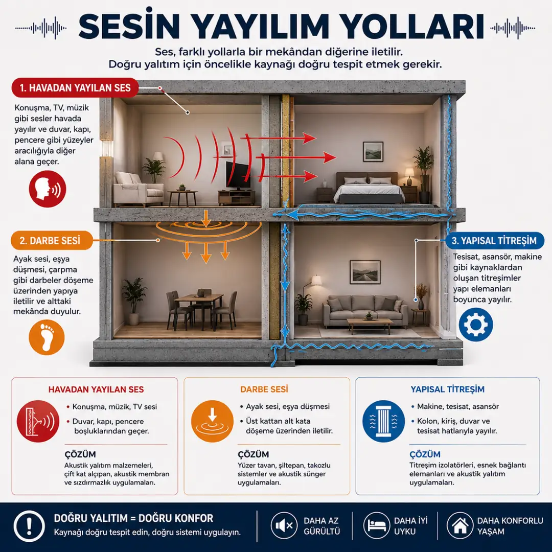 Sesin duvar tavan ve döşeme üzerinden yayılım şeması