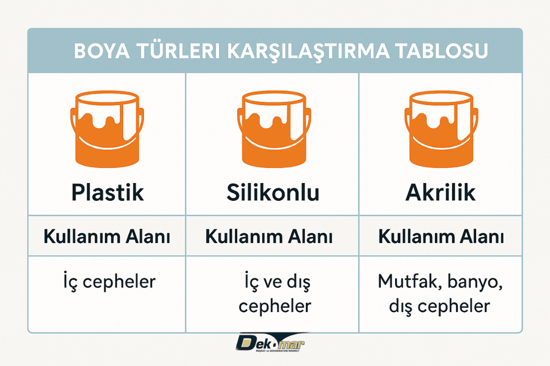 plastik, silikonlu ve akrilik boya türlerinin kullanım alanı karşılaştırması. 