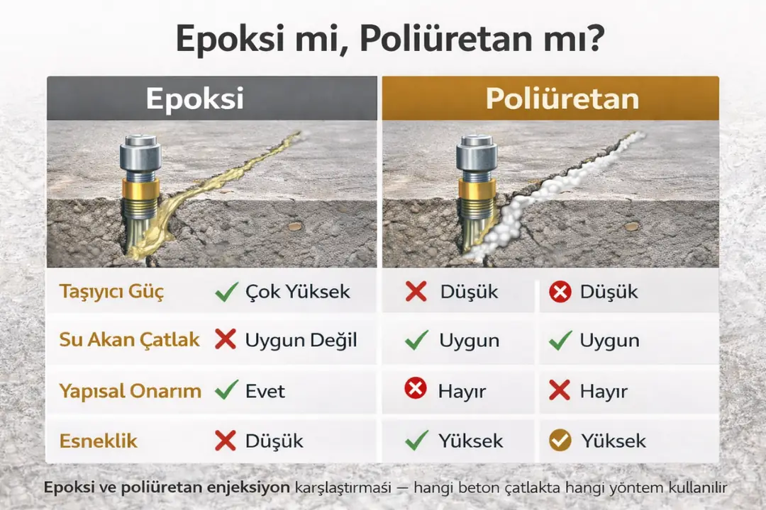 Epoksi ve poliüretan enjeksiyon karşılaştırması – hangi beton çatlakta hangi yöntem kullanılır&nbsp;