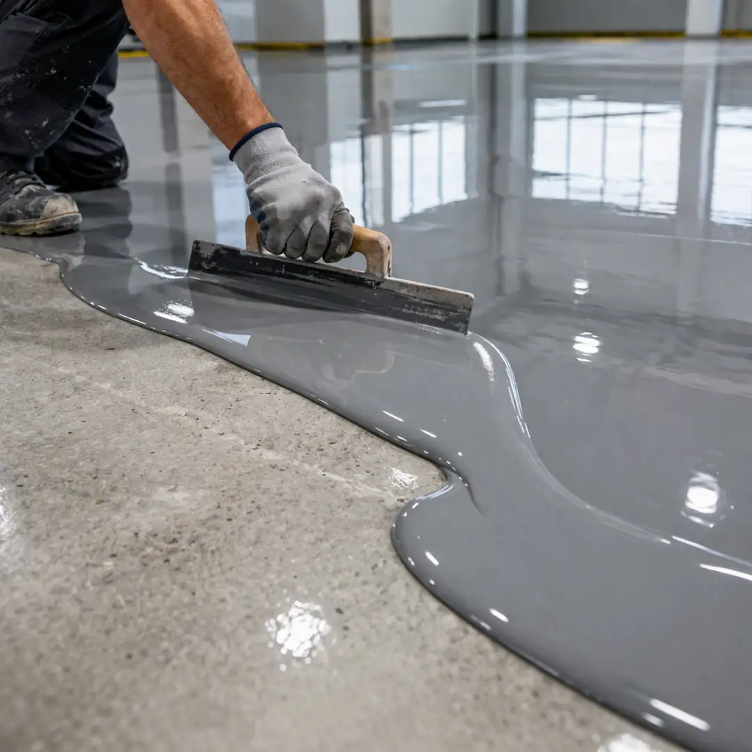 Self leveling epoksi zemin kaplama uygulaması mala ile yayma işlemi&nbsp;