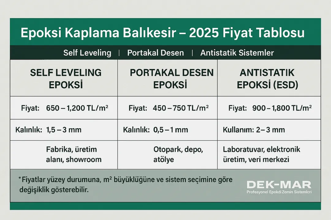 Epoksi kaplama Balıkesir fiyat tablosu – self leveling, portakal desen ve antistatik epoksi zemin sistemleri 2025 m2 birim fiyatları – Dek-Mar İnşaat