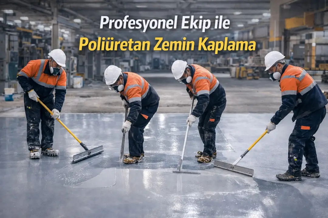 Profesyonel ekip ile poliüretan zemin kaplama uygulaması yapılan endüstriyel alan&nbsp;