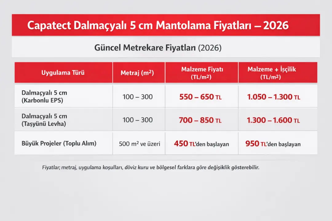 Capatect Dalmaçyalı 5 cm mantolama 2026 fiyatları, EPS ve taşyünü levha için güncel m² maliyet tablosu&nbsp;