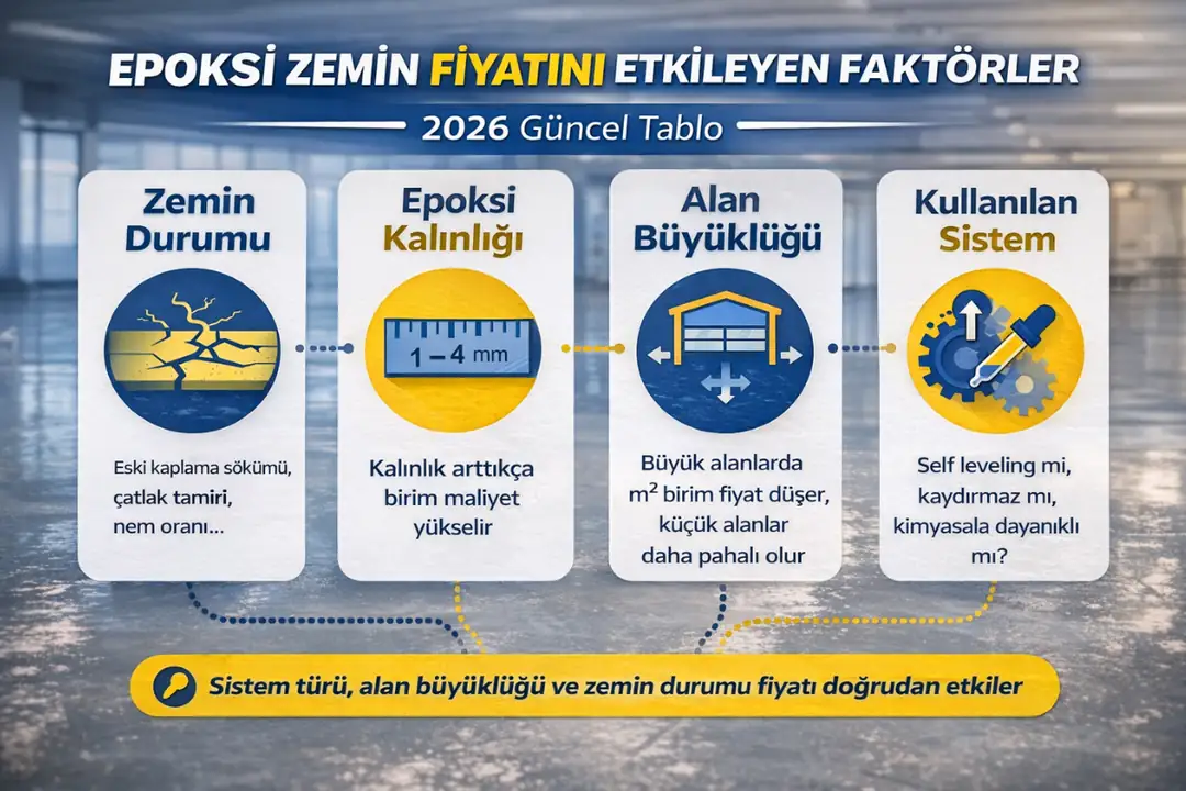 Epoksi zemin kaplama fiyatını etkileyen faktörler infografiği