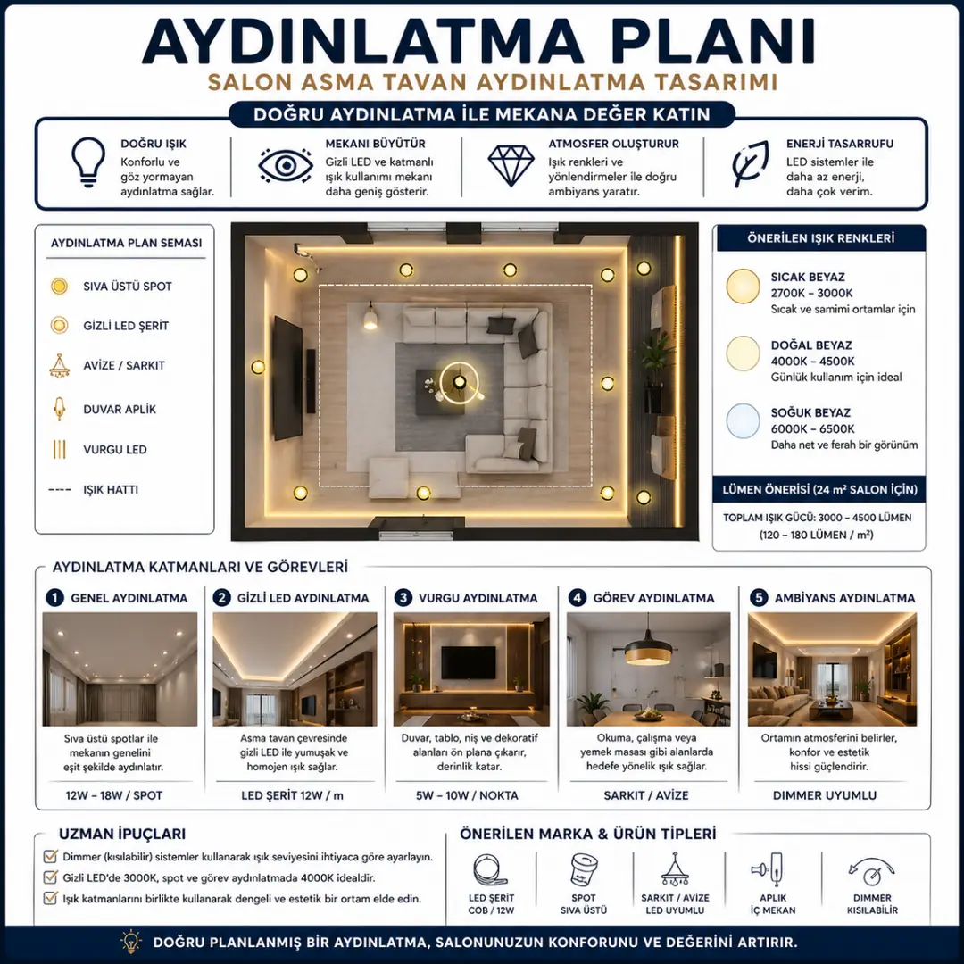 Salon asma tavan aydınlatma planı spot led bant yerleşimi ve ışık katmanları
