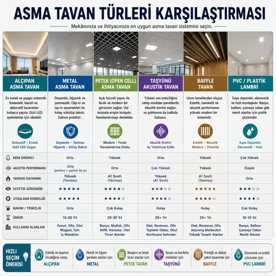 Alçıpan metal petek baffle ve taşyünü asma tavan karşılaştırması