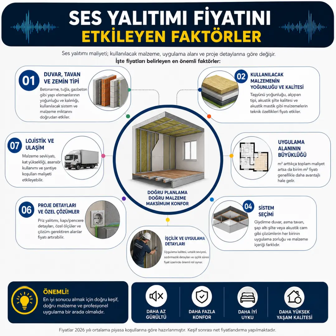 Ses yalıtımı fiyatını etkileyen faktörler duvar tipi malzeme yoğunluğu işçilik alan büyüklüğü&nbsp;