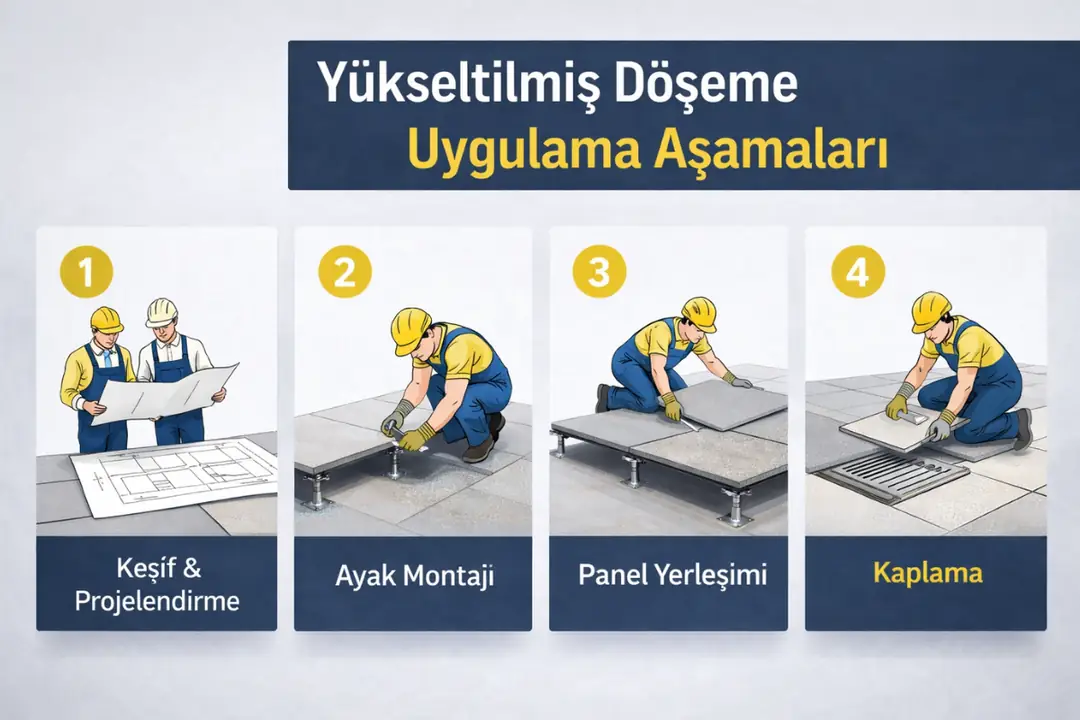 Yükseltilmiş döşeme uygulama aşamaları infografiği&nbsp;