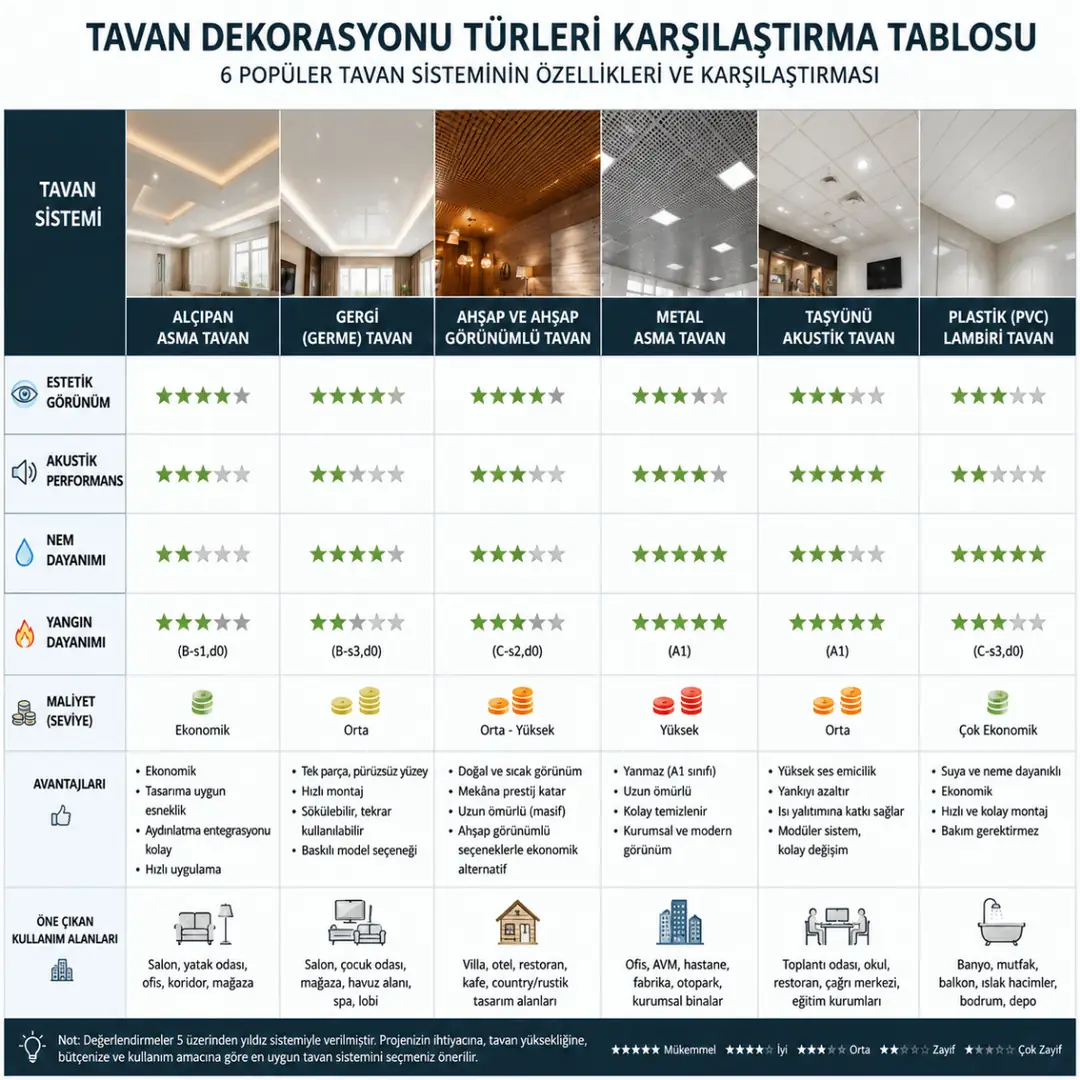 Tavan dekorasyon sistemleri karşılaştırma tablosu&nbsp;