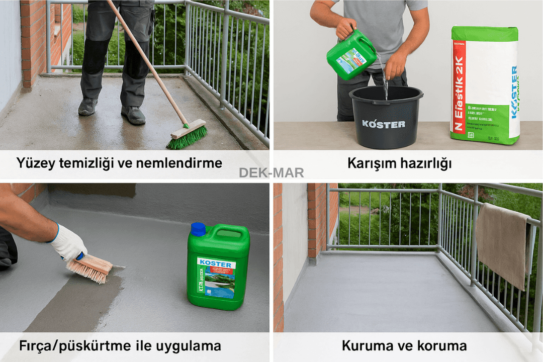 Köster NB Elastik 2K uygulama aşamaları: yüzey hazırlığı, karışım, uygulama ve kuruma. 
