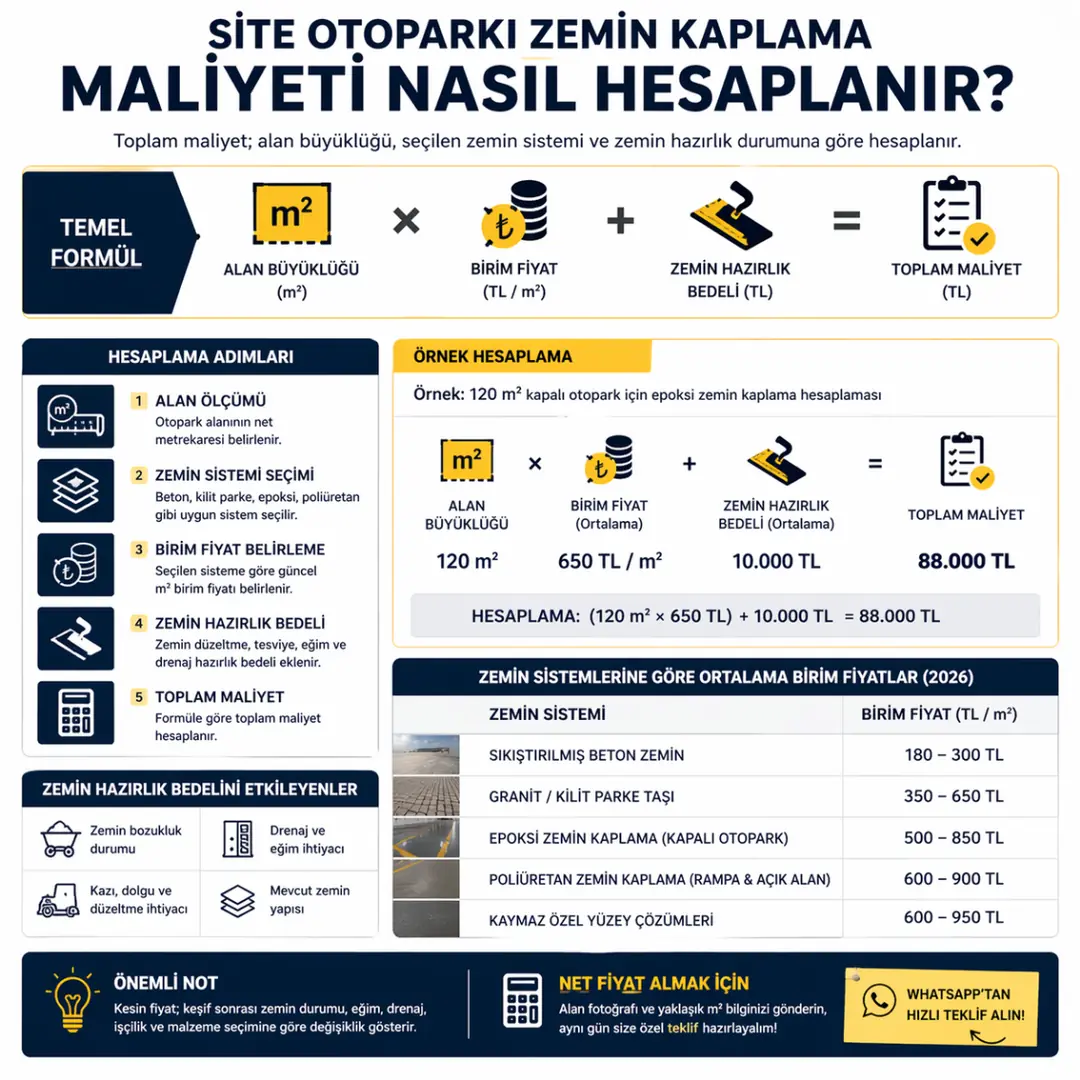 Otopark zemin kaplama maliyet hesaplama formülü m2 bazlı hesaplama örneği&nbsp;