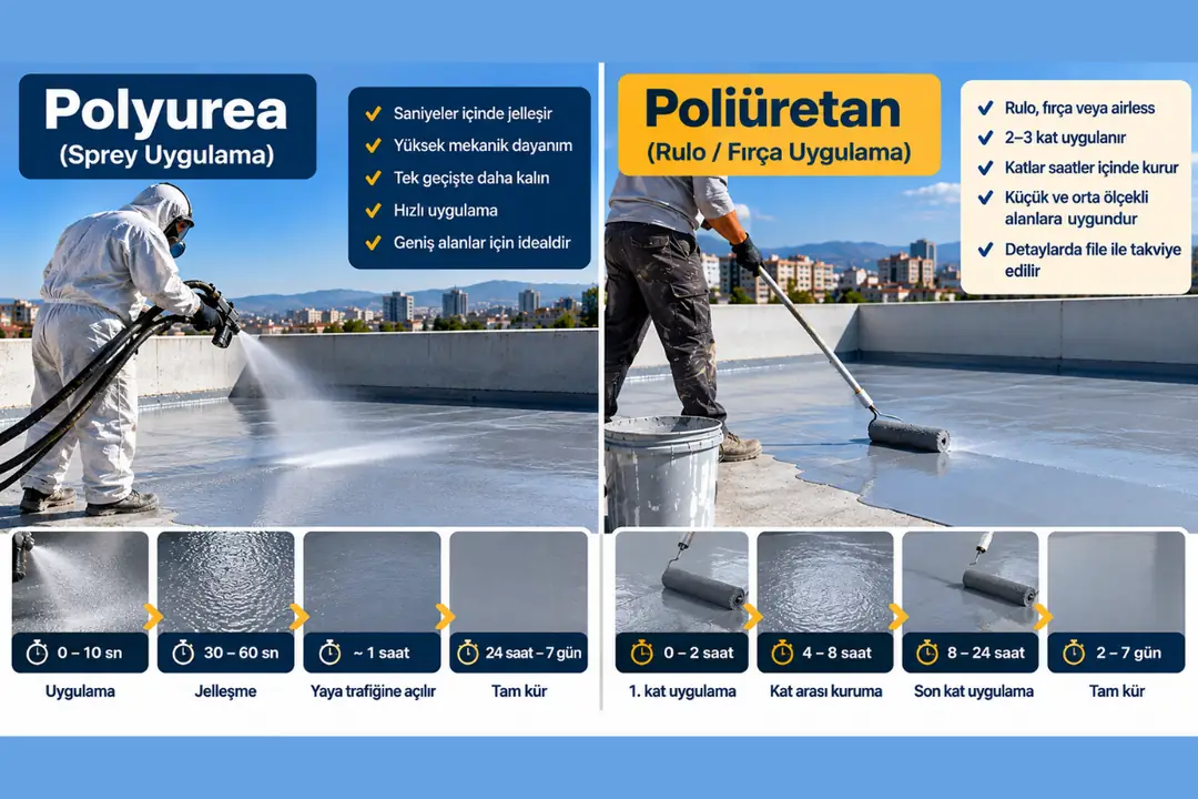 Polyurea sprey kaplama ile poliüretan likit membranın uygulama yöntemleri, kuruma ve kürlenme sürelerinin karşılaştırılması