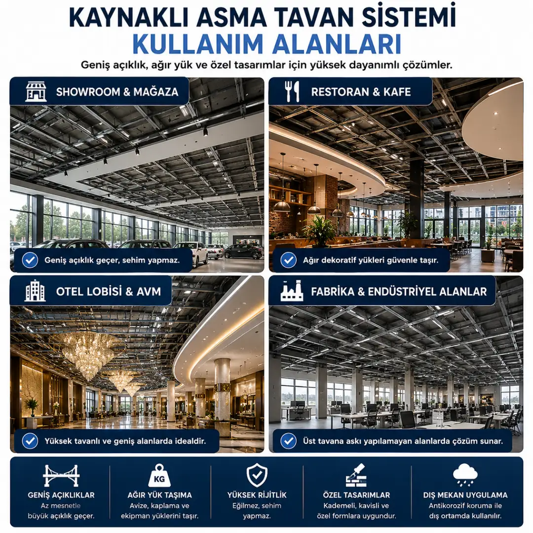 Kaynaklı asma tavan sistemlerinin kullanıldığı ticari alanlar