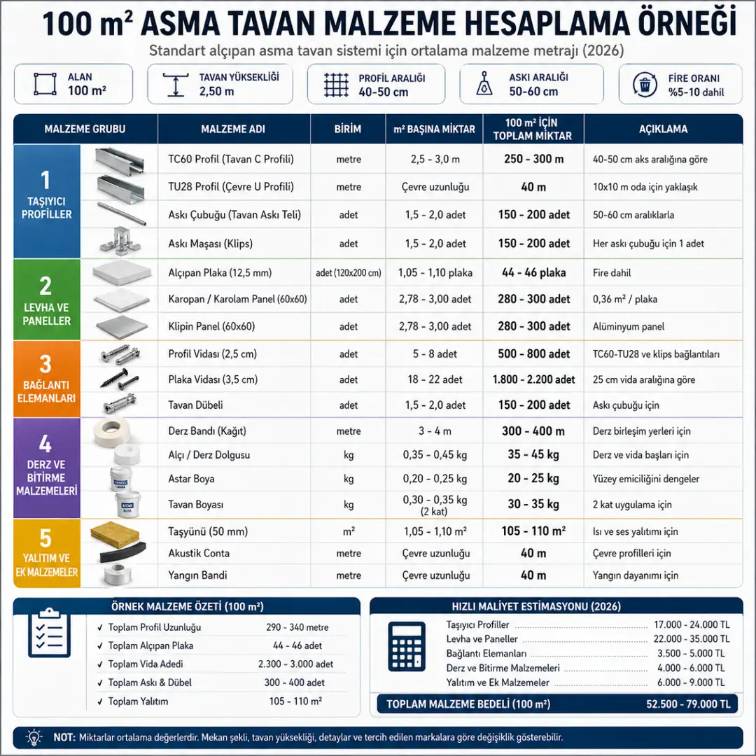 Asma tavan malzeme fiyatları 2026 profil alçıpan vida boya toplam maliyet tablosu&nbsp;