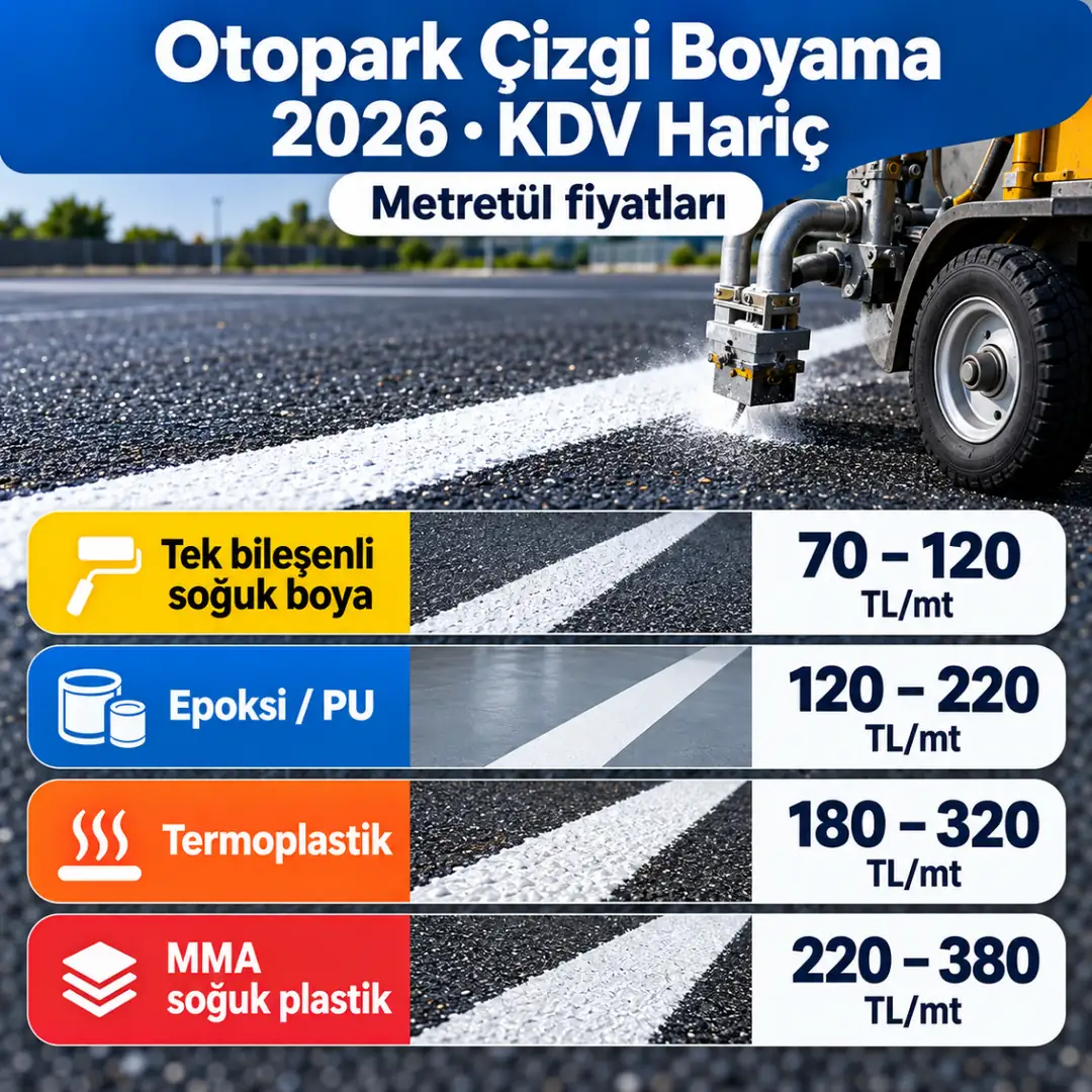 Otopark çizgi boyama 2026 metretül fiyatları soğuk yol boyası epoksi termoplastik MMA karşılaştırma