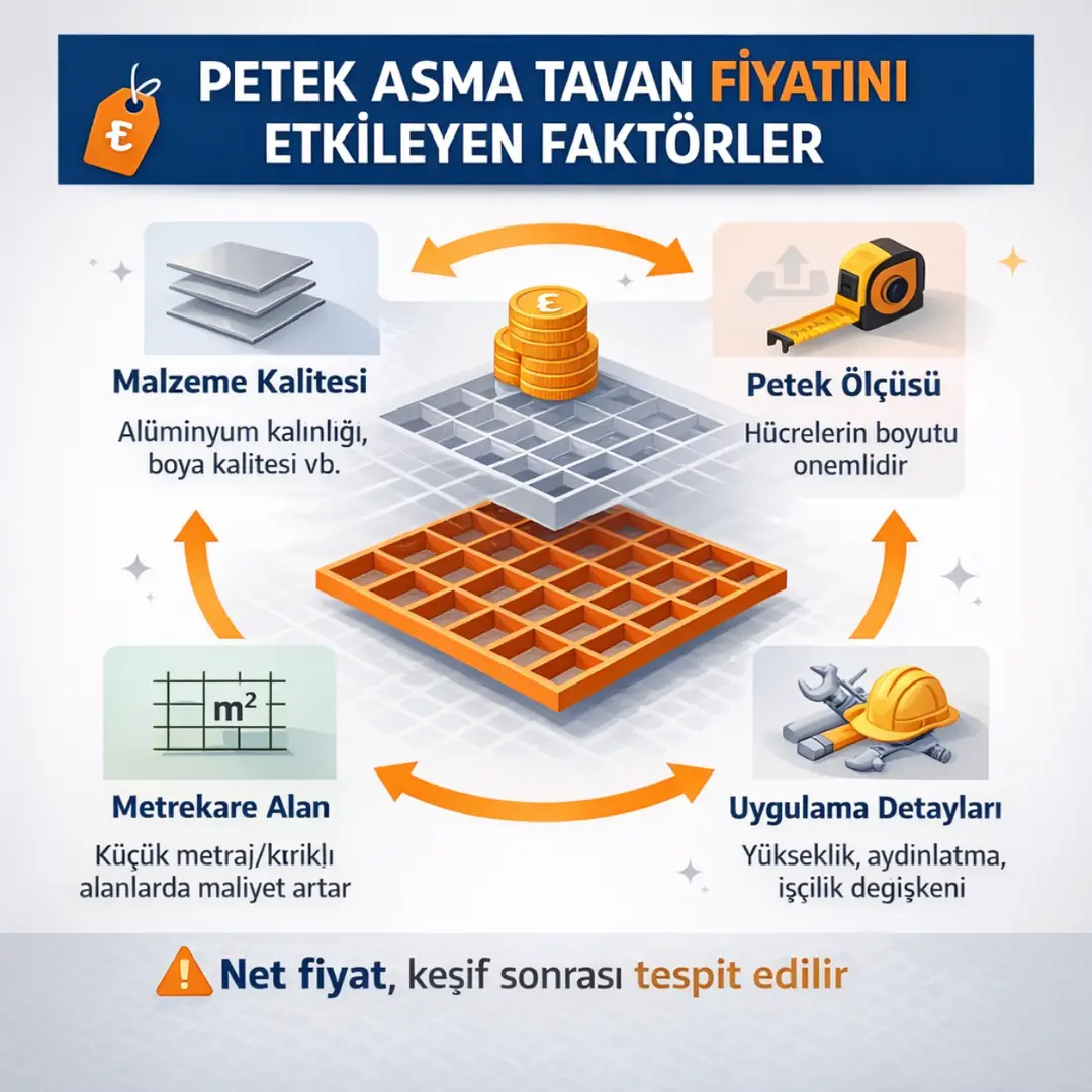 Petek asma tavan fiyatını etkileyen faktörler; hücre ölçüsü, malzeme kalınlığı, boya kalitesi ve metrekare alanına göre fiyat değişimi
