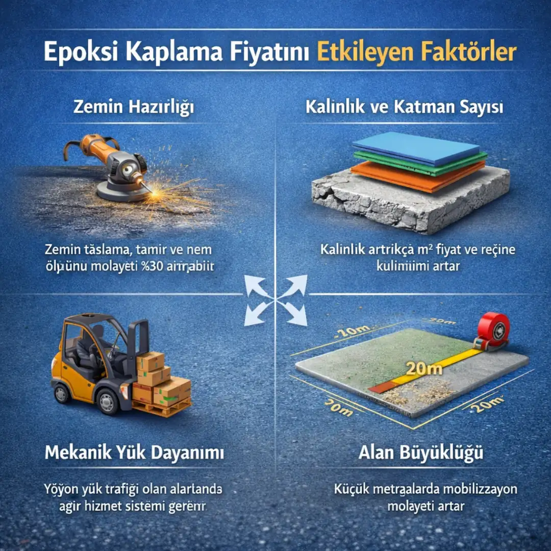 Epoksi kaplama fiyatını etkileyen faktörler zemin hazırlığı kalınlık mekanik yük analiz infografik&nbsp;