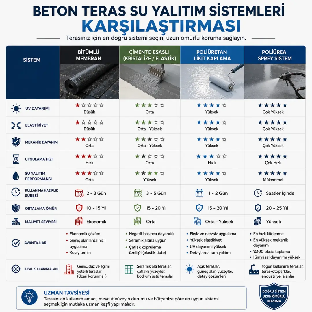 Bitümlü membran poliüretan poliürea ve çimento esaslı sistem karşılaştırması&nbsp;