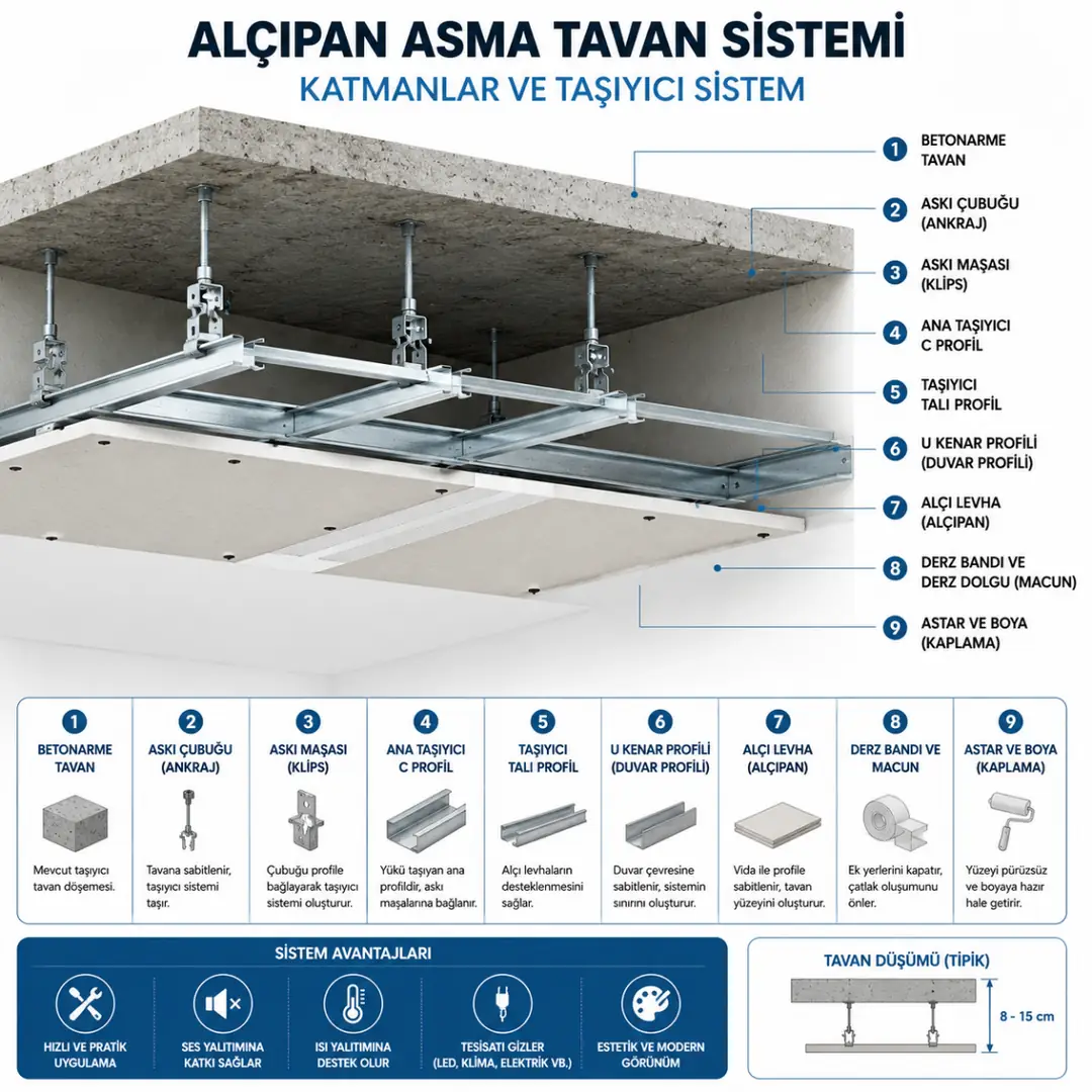 Alçıpan asma tavan sisteminin katmanları ve taşıyıcı profilleri&nbsp;