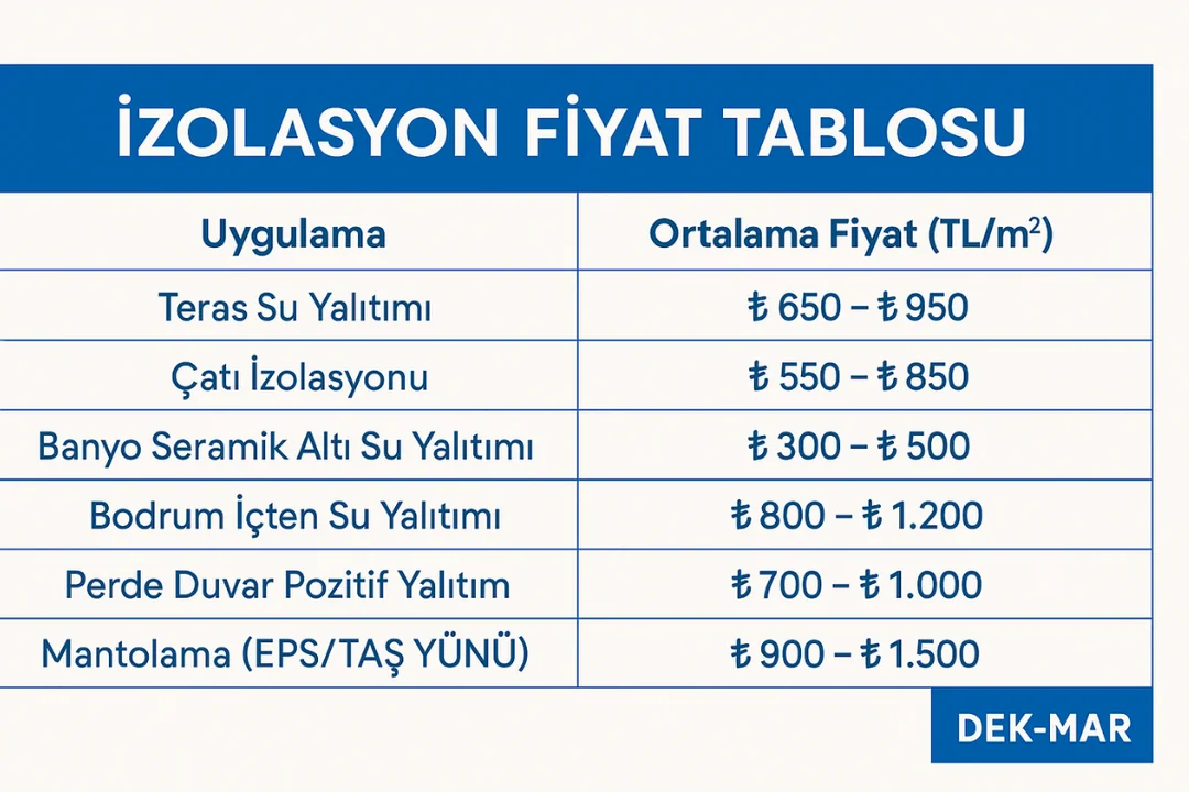 İzolasyon fiyat tablosu – teras, çatı, banyo, bodrum su yalıtımı birim fiyatları – 2025 Dek-Mar.