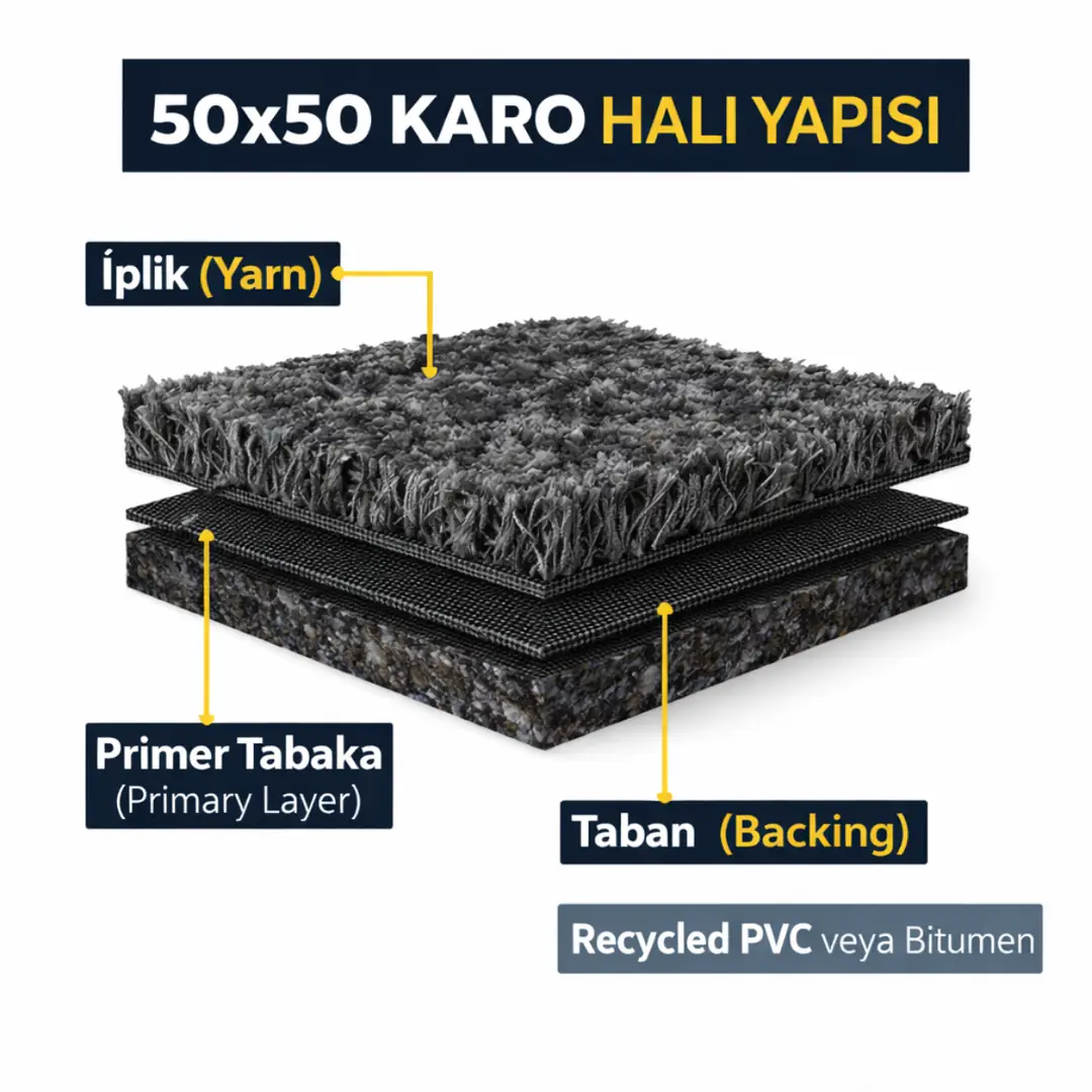 50x50 karo halı yapısı iplik ve taban katmanları teknik gösterimi&nbsp;