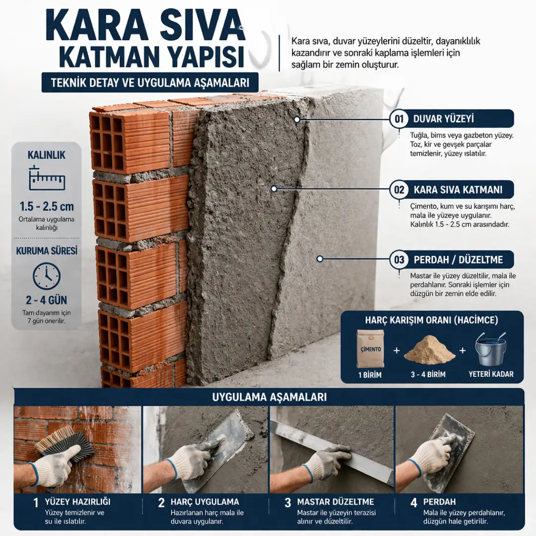 Kara sıva uygulamasında katman yapısı, kalınlık ve yüzey düzeltme aşamalarını gösteren teknik diyagram