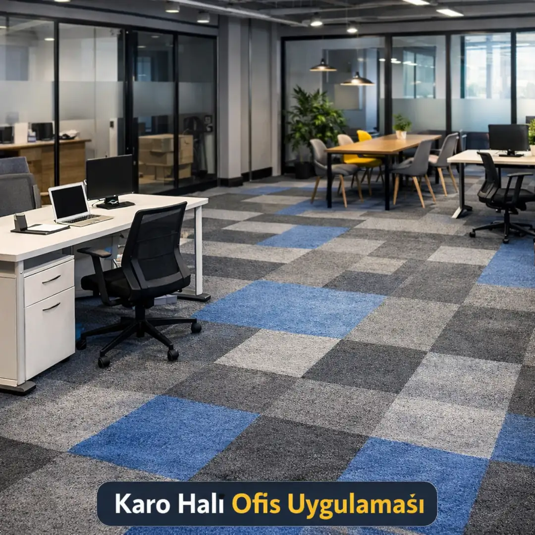 Ofislerde kullanılan modüler karo halı zemin kaplama sistemi ve modern ofis tasarımlarında tercih edilen halı kaplama örneği&nbsp;