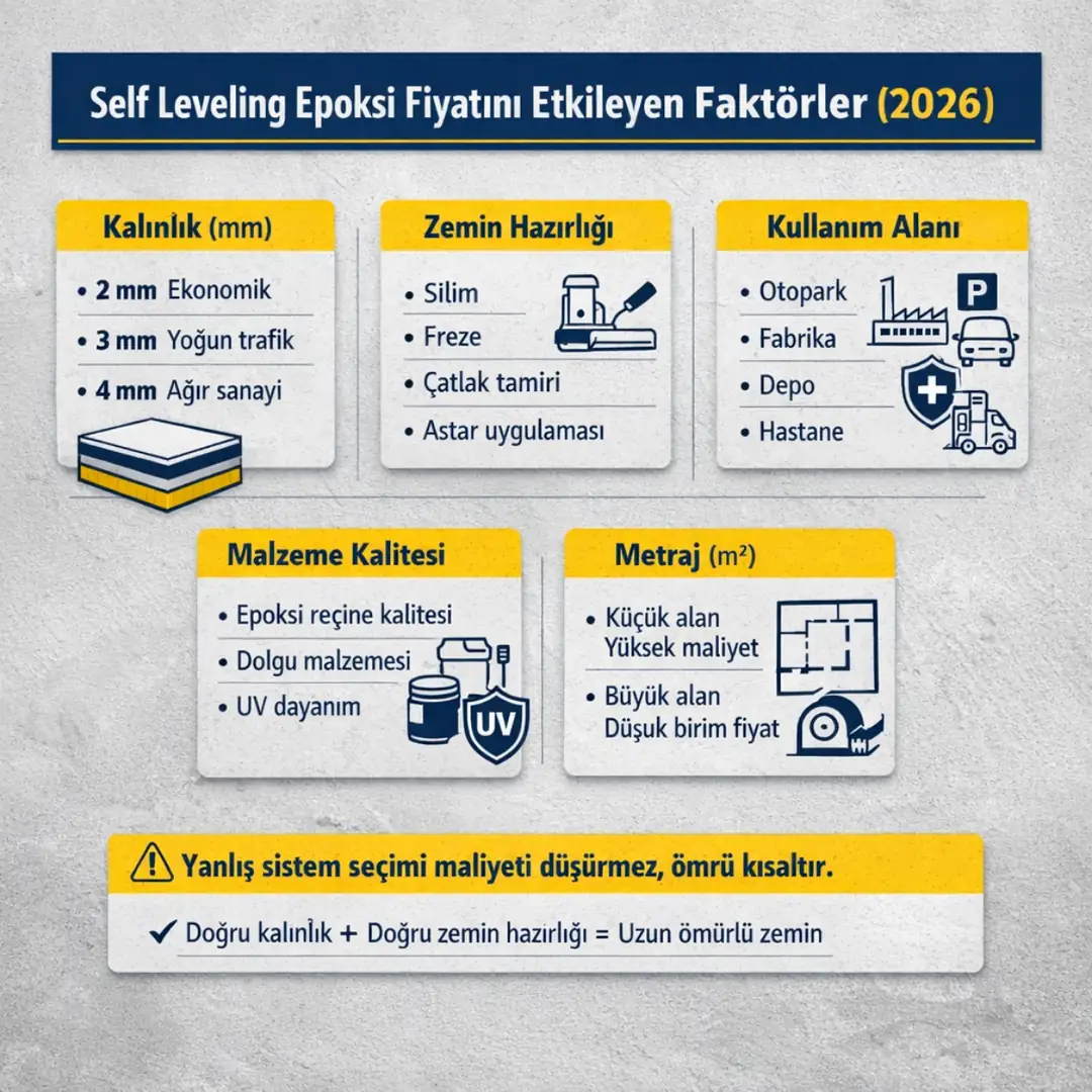 Self leveling epoksi fiyatını etkileyen faktörler kalınlık zemin hazırlığı kullanım alanı ve metraj detayları