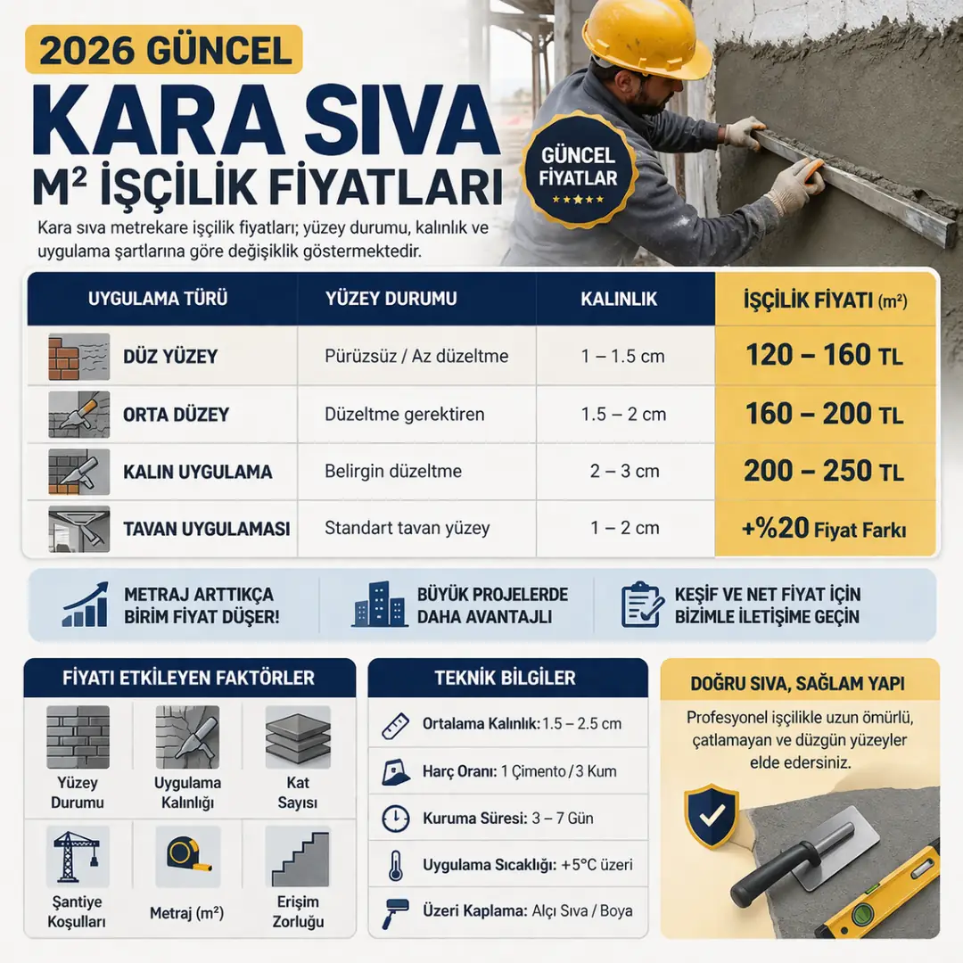 Kara sıva metrekare işçilik fiyatları 2026 tablosu, uygulama kalınlığı ve yüzey durumuna göre maliyet karşılaştırması&nbsp;