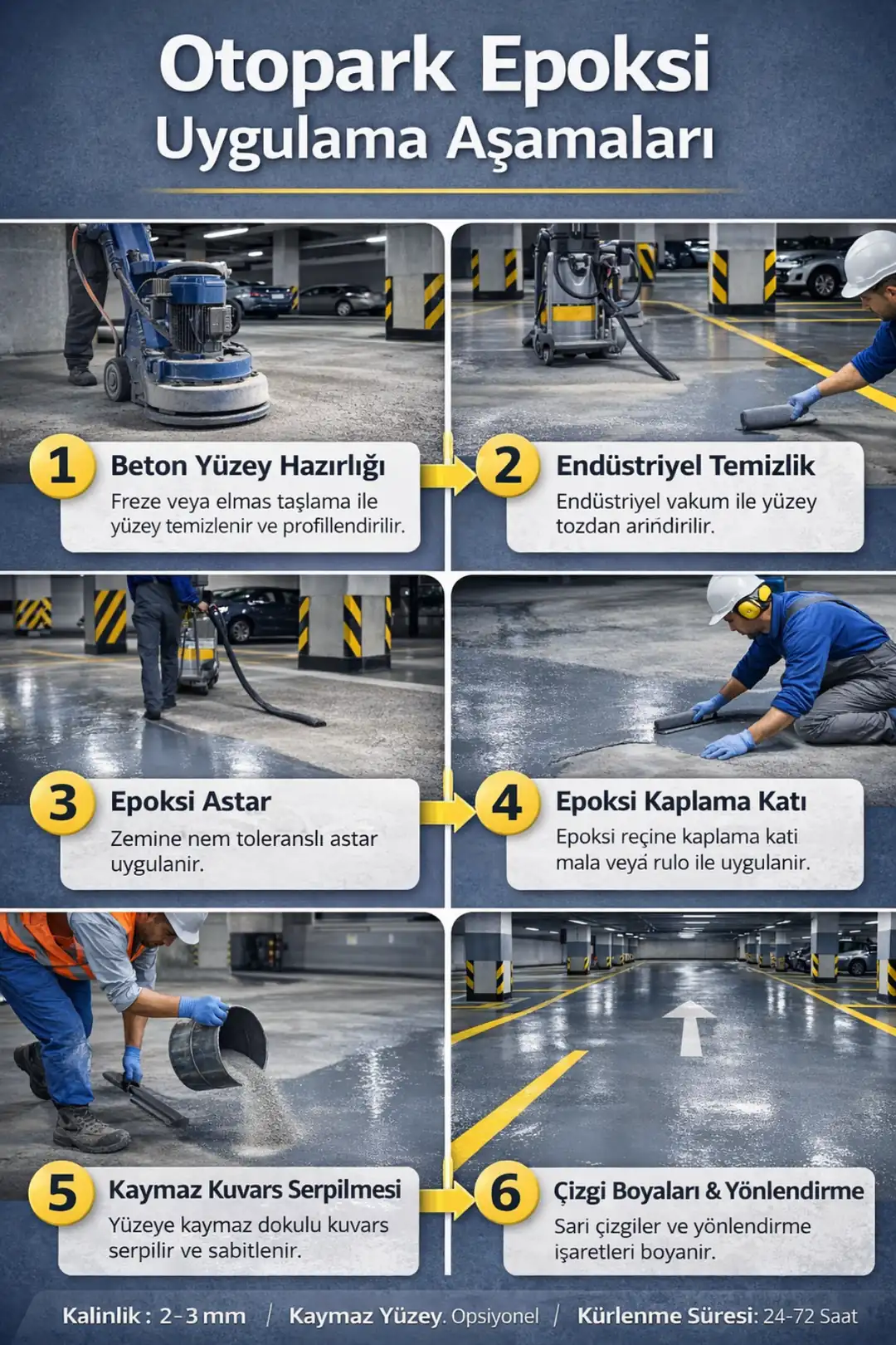 Otopark epoksi zemin kaplama uygulama aşamaları infografiği&nbsp;