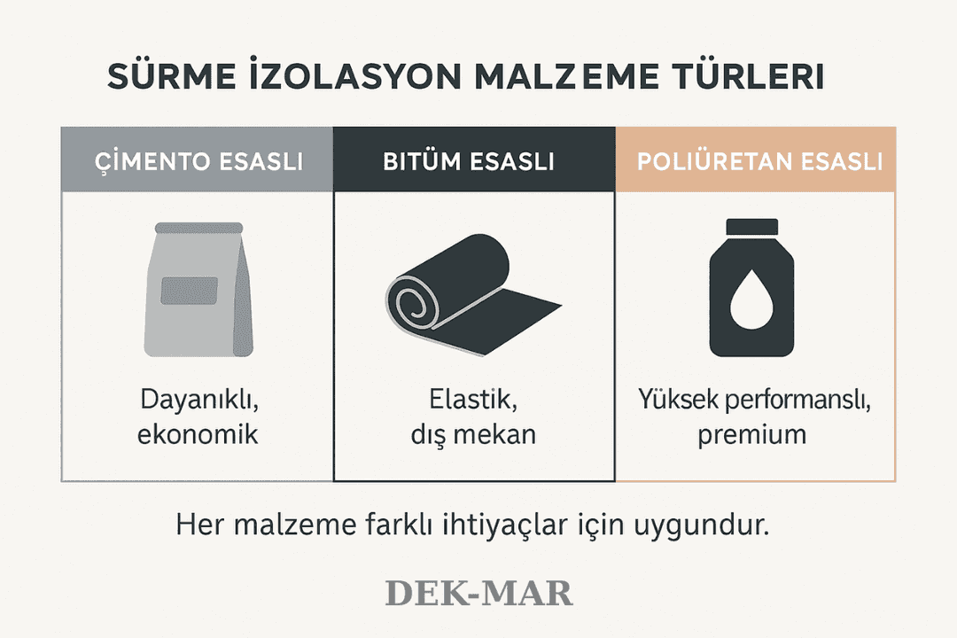 Çimento, bitüm ve poliüretan esaslı sürme izolasyon malzeme türleri – dayanıklı, elastik ve premium çözümler.