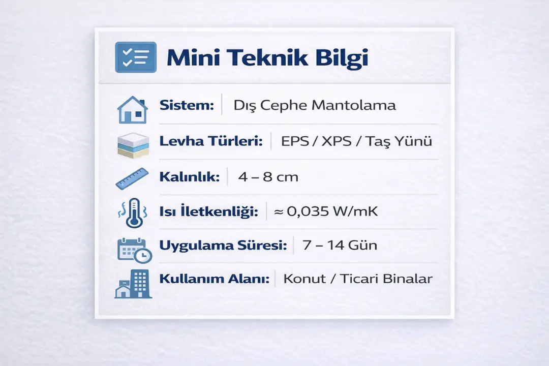 Dış cephe mantolama sistemleri için EPS, XPS ve taş yünü teknik özelliklerini gösteren mini teknik bilgi kutusu&nbsp;