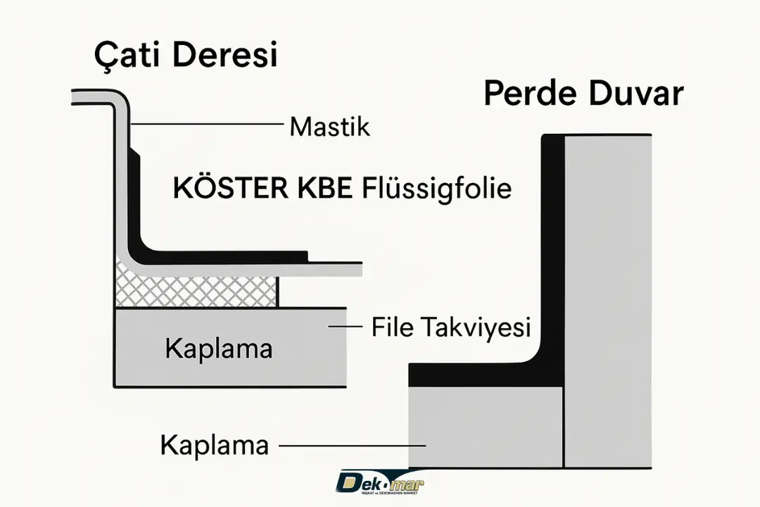 KÖSTER KBE Flüssigfolie detay çözüm görseli: çatı deresi ve perde duvar uygulama detayı.&nbsp;