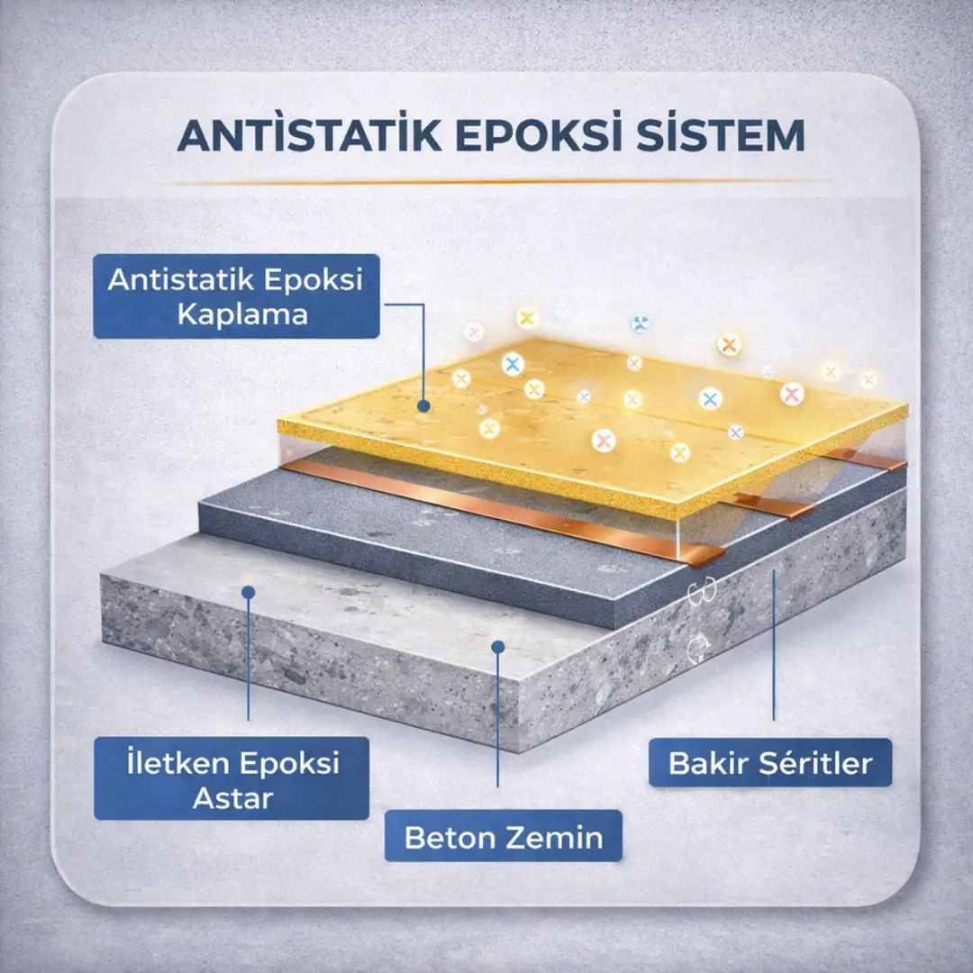 Antistatik epoksi zemin sisteminde bakır bant iletken yapı ve topraklama detayı Sarıyer veri merkezi uygulaması