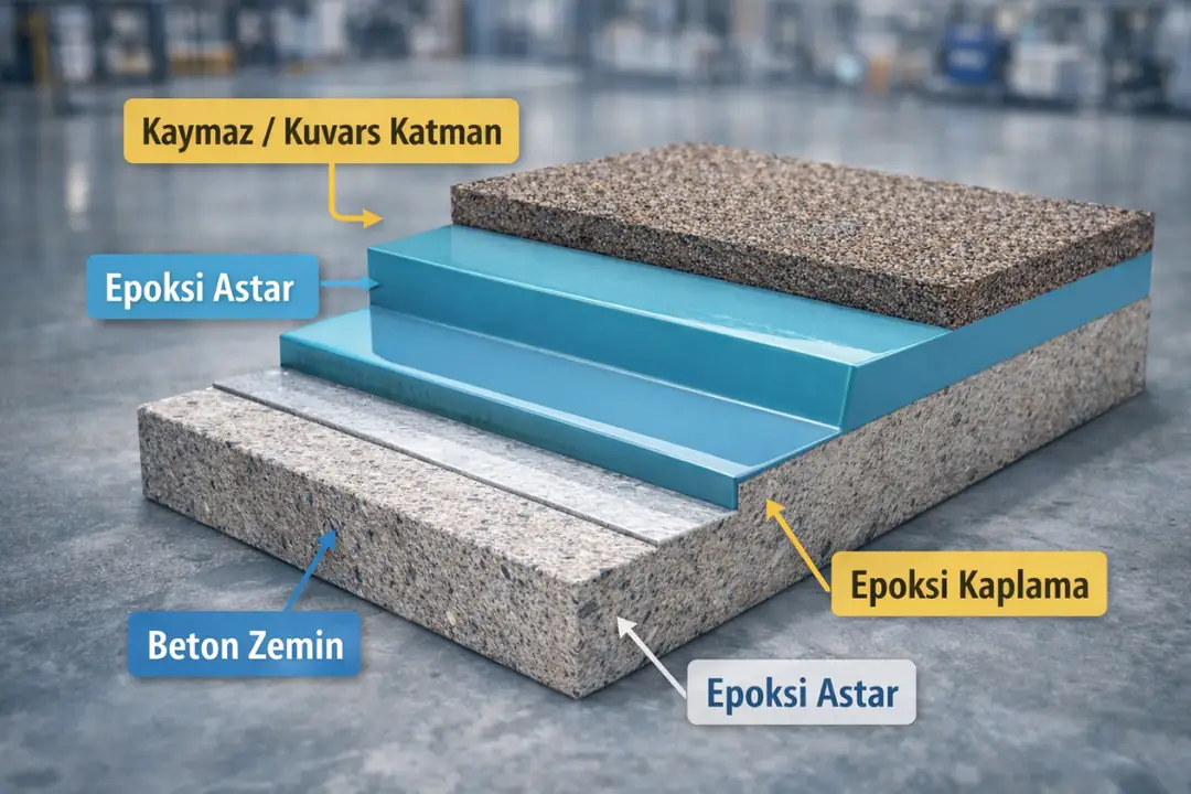 Beton zemin üzerinde epoksi astar ve kaplama katmanlarının şematik gösterimi&nbsp;