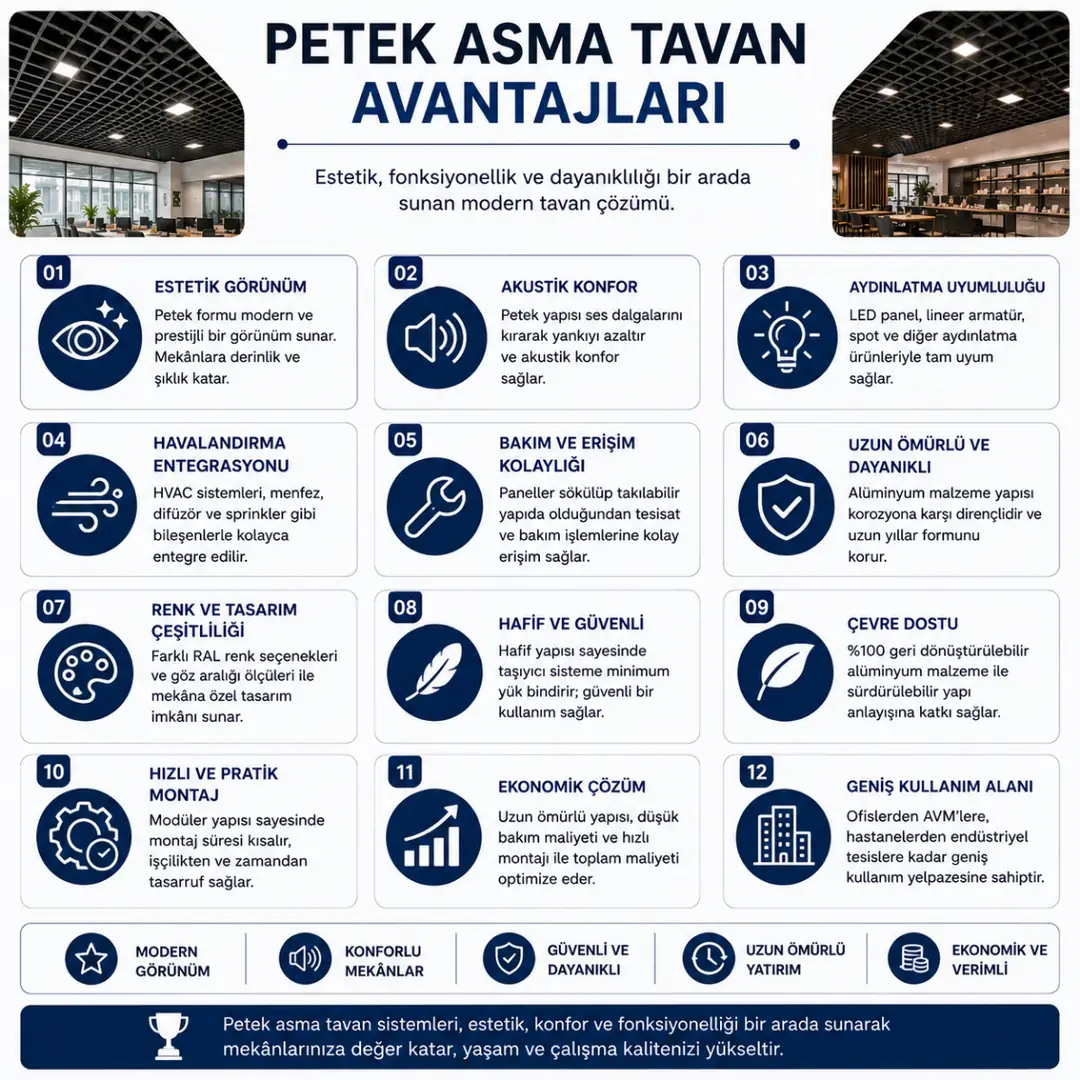 Petek asma tavanın modern görünüm ve bakım kolaylığı sağlayan avantajları&nbsp;