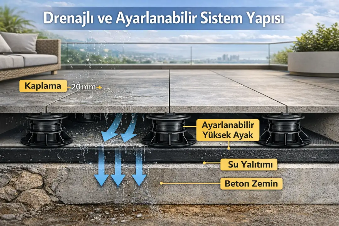 Dış mekan yükseltilmiş döşeme sisteminin katmanlı yapısı&nbsp;