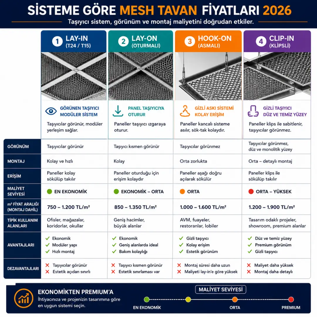 Lay-In, Lay-On, Hook-On ve Clip-In mesh tavan taşıyıcı sistemlerinin 2026 maliyet ve kullanım alanları karşılaştırması
