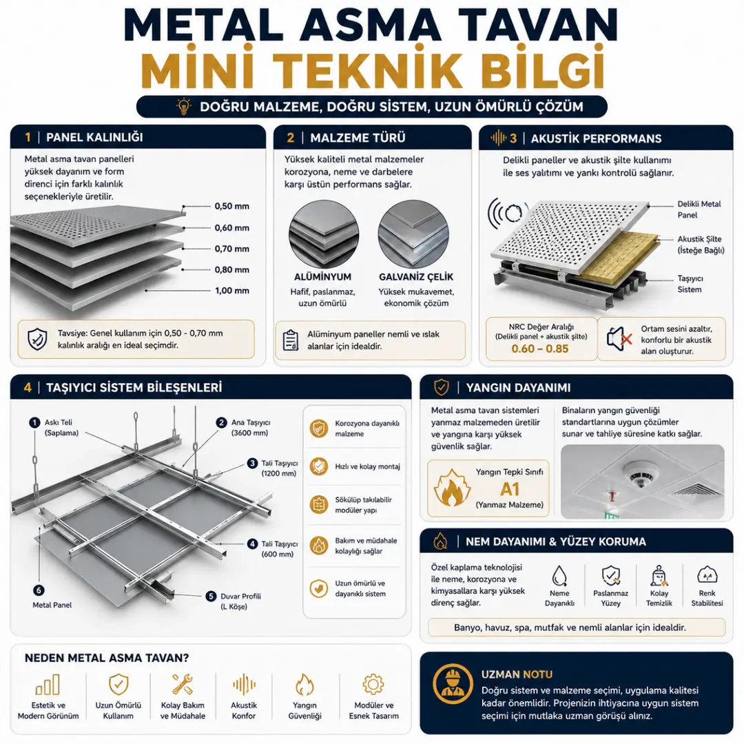 Metal asma tavan teknik özellikler akustik panel kalınlık yangın dayanımı&nbsp;