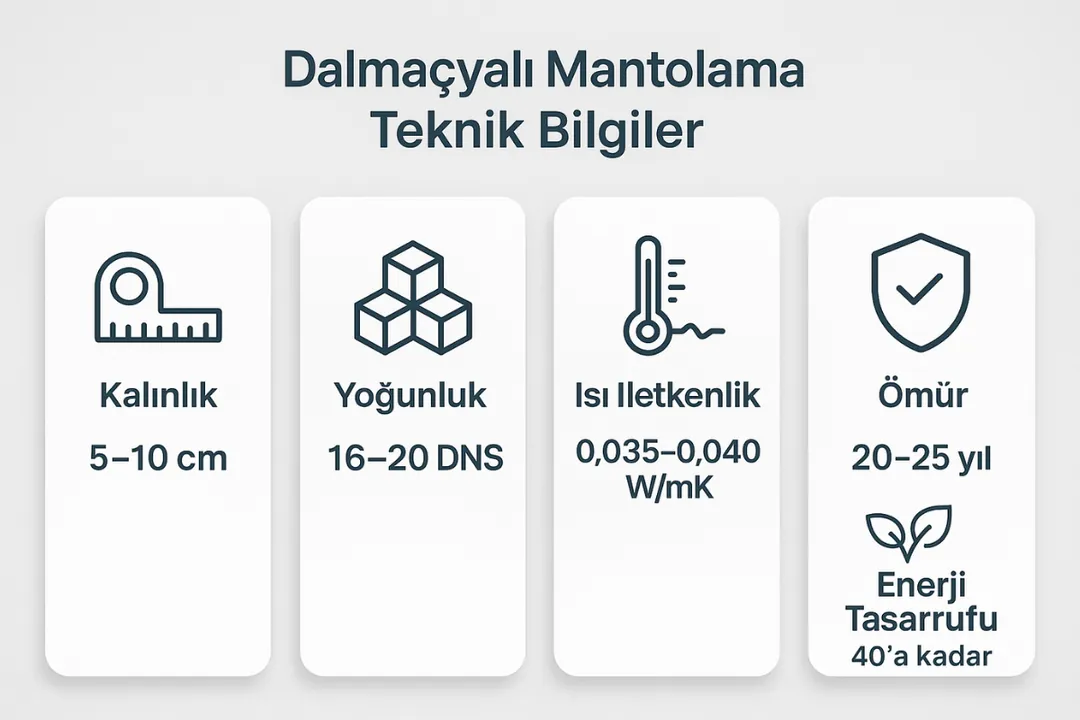 Dalmaçyalı mantolama teknik bilgiler: yoğunluk, kalınlık, ömür ve enerji tasarrufu. 