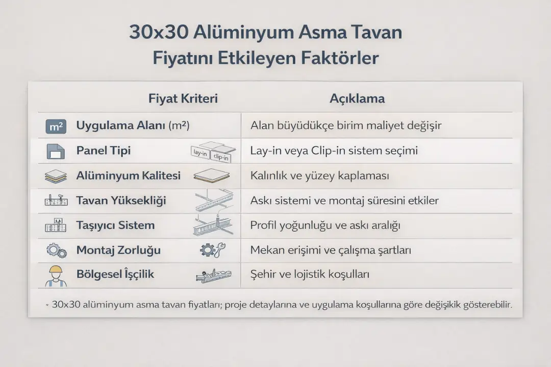 30x30 alüminyum asma tavan fiyatını etkileyen faktörler – panel tipi, alan, işçilik ve montaj detayları