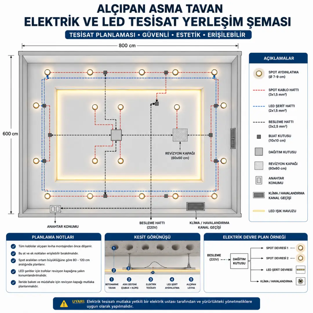 Alçıpan asma tavan elektrik ve LED tesisat yerleşim planı&nbsp;
