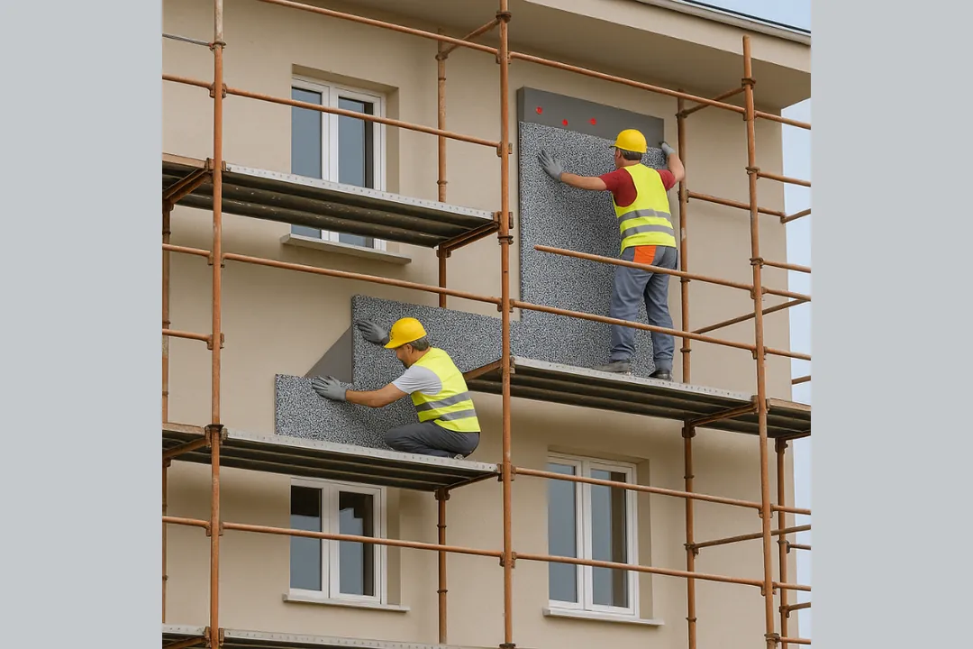 “İskele üzerinde ustalar bina cephesine Dalmaçyalı mantolama levha montajı yapıyor