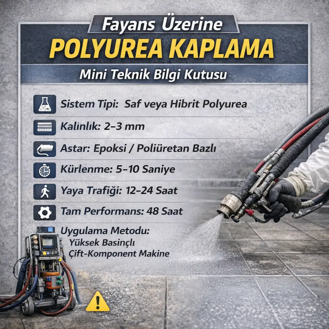 Fayans üzerine polyurea kaplama teknik özellikleri kalınlık kürlenme ve uygulama metodu infografiği&nbsp;