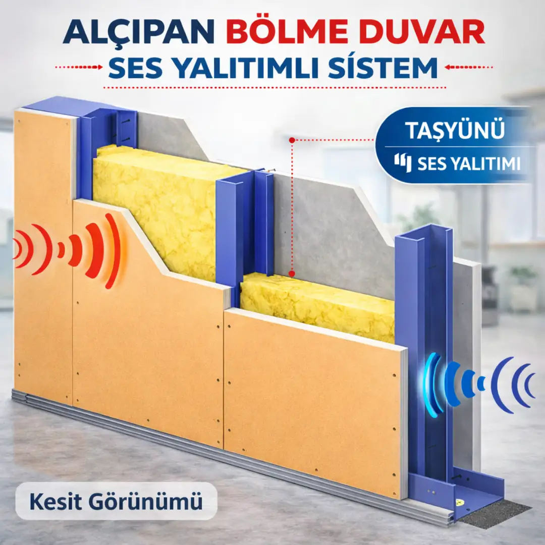 Alçıpan bölme duvar taş yünü ses yalıtımı sistemi kesit görünümü&nbsp;