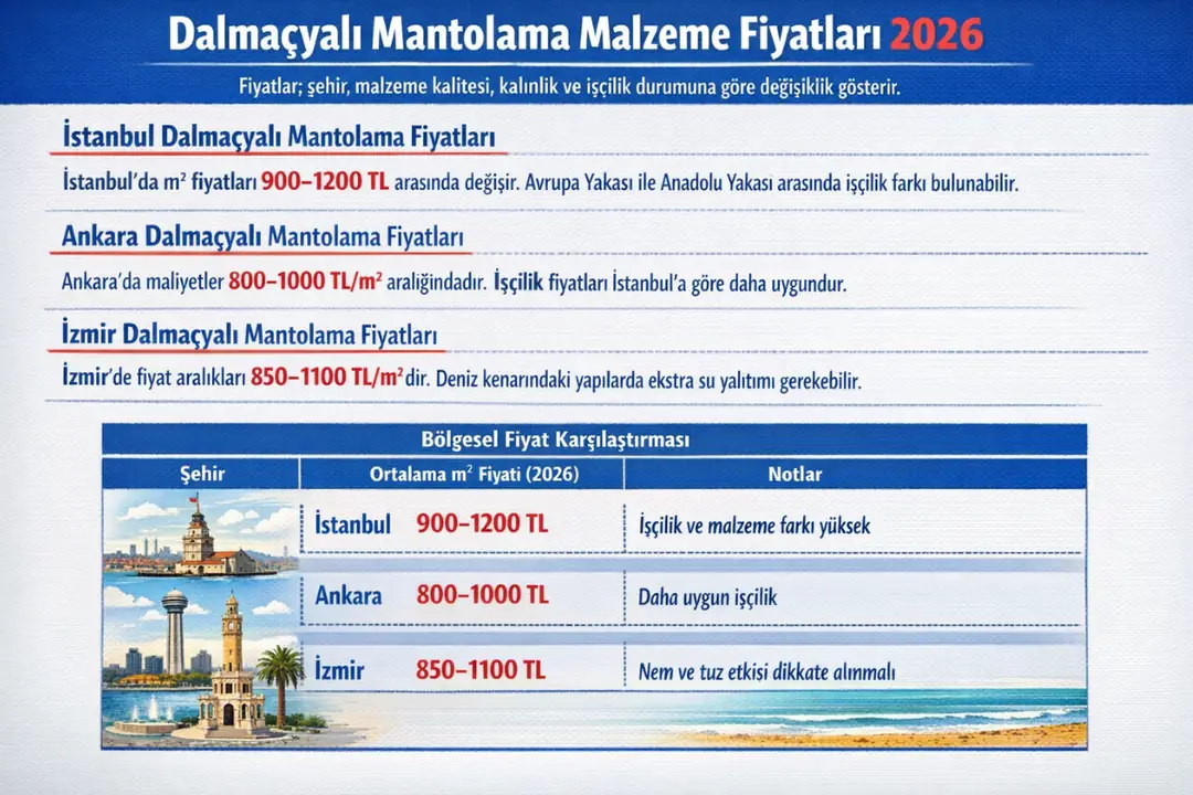 2026 dalmaçyalı mantolama malzeme fiyatları; İstanbul, Ankara ve İzmir m² maliyet karşılaştırması ve bölgesel farklar