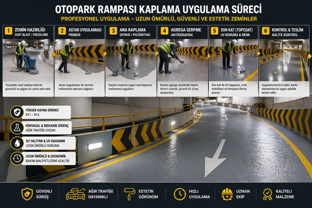 Otopark rampası epoksi ve poliüretan kaplama uygulama süreci saha görüntüsü