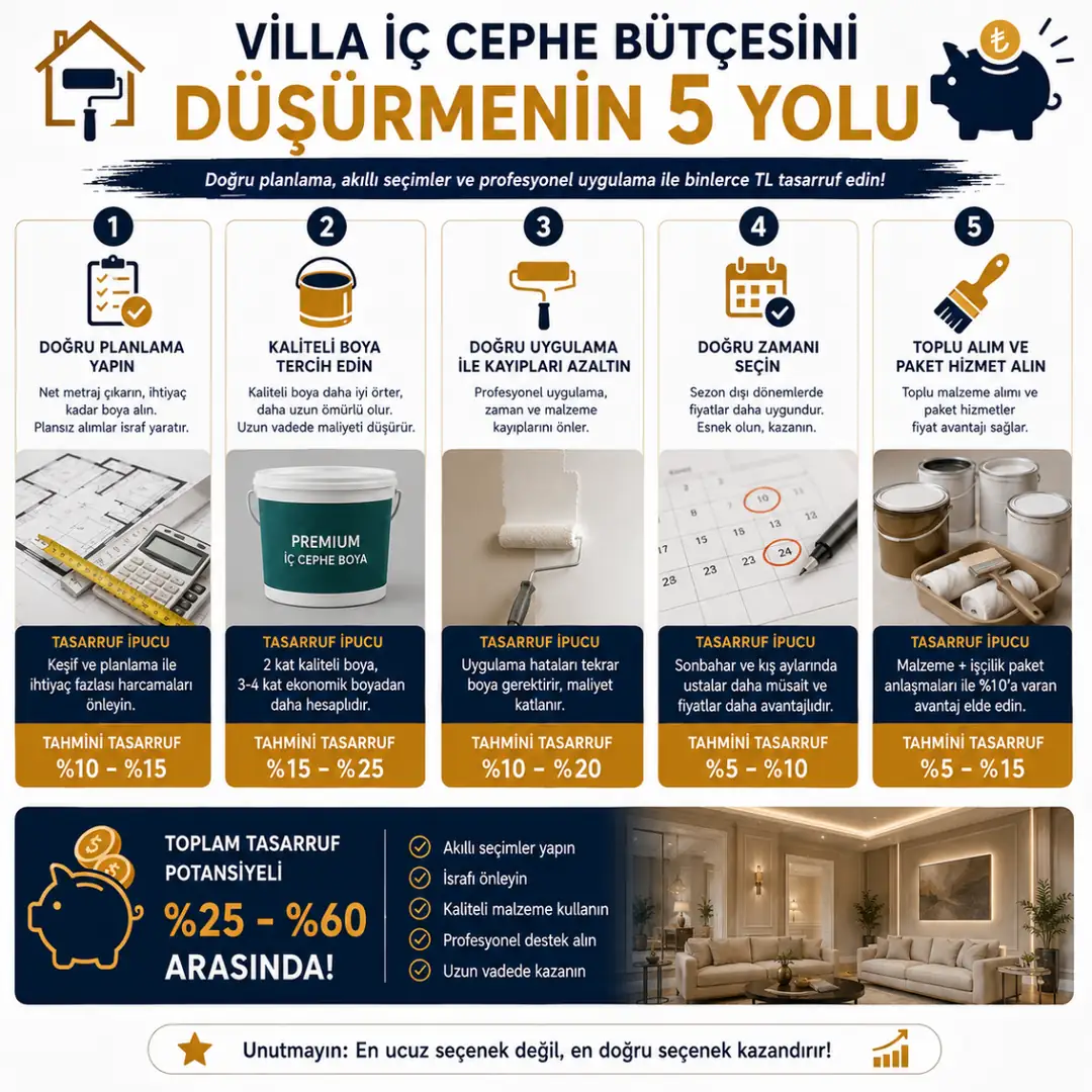 Villa iç cephe boyama bütçesini düşürme yöntemleri tasarruf rehberi&nbsp;
